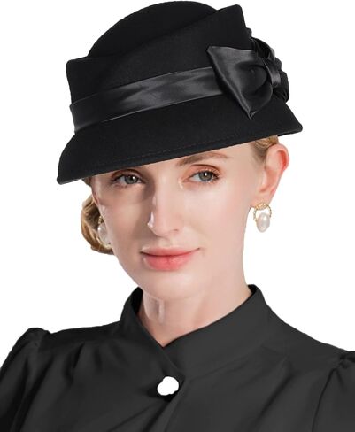 Women's Wool Felt Fedoras Hat - Elegant Cloche Hats for Wedding,Formal Church,Cocktail,Tea Party with Bow Ribbon in Saudi Arabia