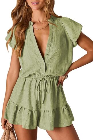 Fixmatti Summer Rompers for Women 2026 V Neck Short Sleeve Button Up Ruffle Jumpsuit Outfit with Pockets in Saudi Arabia