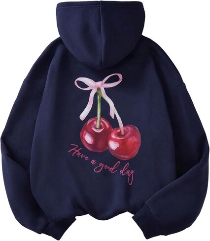 سويت شيرت SweatyRocks للفتيات بأكمام طويلة وطبعة كرزية بقلنسوة كاجوال فضفاض وأكتاف منسدلة in Kuwait