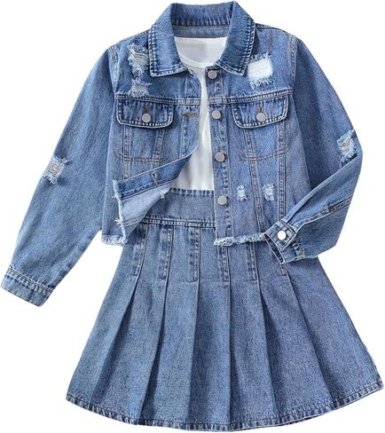 طقم ملابس للفتيات من MakeMeChic مكون من قطعتين بحاشية خام ممزقة وأكمام طويلة وأزرار سفلية من قماش الدنيم وتنورة جينز مطوية in Saudi Arabia