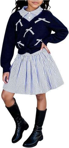 Floerns Girl's Two Piece Outfit Preppy Striped Long Sleeve Sweatshirts and Pleated Skirt Set in Saudi Arabia