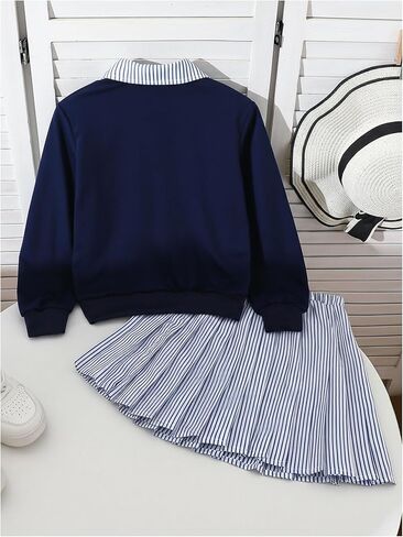 Floerns Girl's Two Piece Outfit Preppy Striped Long Sleeve Sweatshirts and Pleated Skirt Set in Saudi Arabia