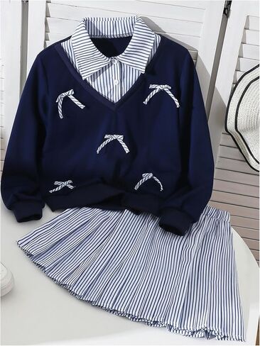 Floerns Girl's Two Piece Outfit Preppy Striped Long Sleeve Sweatshirts and Pleated Skirt Set in Saudi Arabia