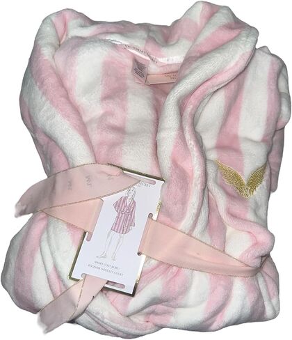 Victoria's Secret Short Cozy Plush Fleece Robe Pink White Stripe Soft Lounge Belted Bathrobe New in Kuwait