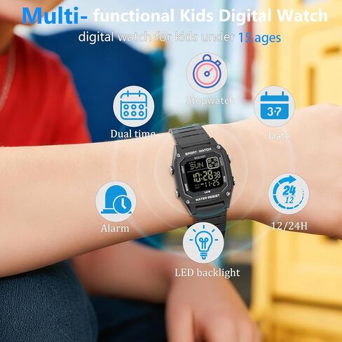 Beeasy Kids Watch, Kid Digital Watch for Ages 3-15 Boys Girls, 50M Waterproof Sport Outdoor Multifunctional Kid Watch with Silicone Band LED Backlight Alarm Stopwatch 12/24 H, Ideal Kids Gift in Saudi Arabia