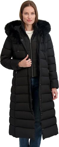 TAHARI womens Maxi Puffer Coat, Attached Bib, Faux Fur Hood Trim, Hand Warmer Pockets, Long Puffer Coat in Saudi Arabia