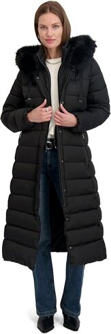TAHARI womens Maxi Puffer Coat, Attached Bib, Faux Fur Hood Trim, Hand Warmer Pockets, Long Puffer Coat in Saudi Arabia