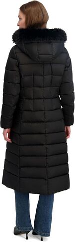 TAHARI womens Maxi Puffer Coat, Attached Bib, Faux Fur Hood Trim, Hand Warmer Pockets, Long Puffer Coat in Saudi Arabia
