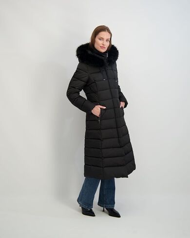 TAHARI womens Maxi Puffer Coat, Attached Bib, Faux Fur Hood Trim, Hand Warmer Pockets, Long Puffer Coat in Saudi Arabia