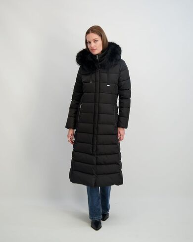 TAHARI womens Maxi Puffer Coat, Attached Bib, Faux Fur Hood Trim, Hand Warmer Pockets, Long Puffer Coat in Saudi Arabia