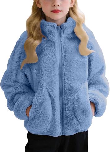 Girls Fleece Jacket Toddler Kids Fuzzy Sherpa Winter Warm Coats Trendy Casual Zip Up Cute Jackets with Pockets in Saudi Arabia