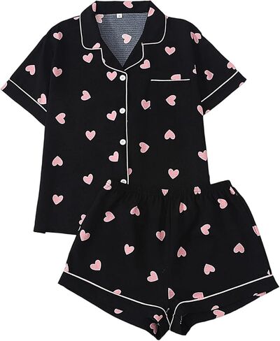 Heart Pajamas Women Valentines Short Sleeve Button Shirts and Pj Shorts Cute Holiday 2 Piece Pjs Set in Saudi Arabia