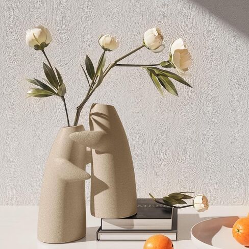 White Ceramic Vase Set of 2, Nordic Modern Ceramic Vases, Ceramic Flower Vase for Minimalist Home Decor, Fit for Centerpieces/Office Desk/Home/Kitchen/Living Room/Entry Way/Counter Top in Kuwait