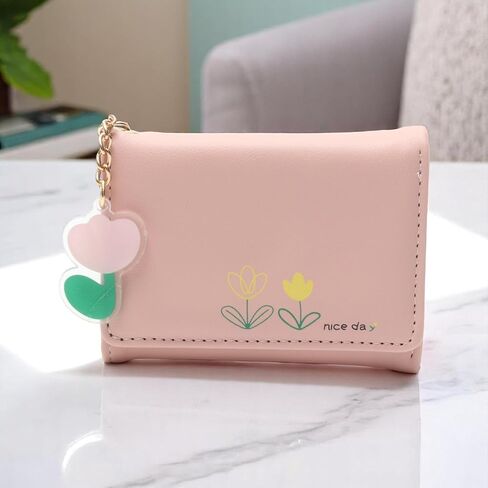 1Pcs Pouch for Money Floral Print Card Holder PU Leather Pink 10.8x8.1cm in Saudi Arabia