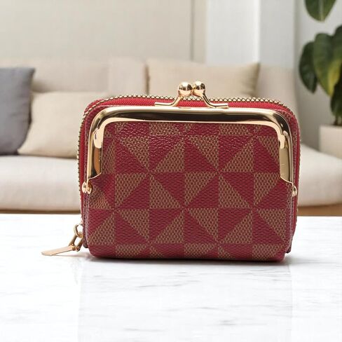 Generic 1Pcs Pouch for Money Short Diamond Quilted Clip & Zip Wallet PU Leather Wine Red 12x8.3cm in Saudi Arabia