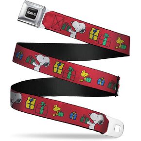 Peanuts Belt, Seatbelt Buckle Belt, Snoopy and Woodstock Holiday Gift Exchange Pose Red, Adjustable in Saudi Arabia