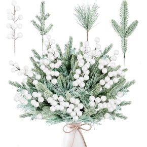 Sggvecsy 60 Pcs Artificial Snowy Pine Branches Fake Frosted Greenery Pine Picks Artificial Red Berry Stems Christmas Pine Needles for DIY Christmas Garland Wreath Xmas Flower Arrangements Decoration in Kuwait