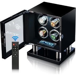 صندوق لفاف الساعة لـ 4 ساعات أوتوماتيكية، غطاء زجاجي قابل للقفل، خشب أسود مع بطانة من الجلد السويدي الأسود، محرك صامت، تقنية دوران TPD، لمس LCD، جهاز تحكم عن بعد in Kuwait