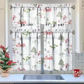 Christmas Kitchen Curtains Valances 3 Piece Set,Xmas Ball Ornaments Snowflakes Rod Pocket Kitchen Curtain Over Sink Window,Farmhouse Cafe Curtains for Holiday Winter Decor 36 Inch in Saudi Arabia