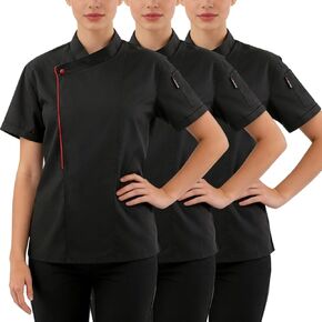 Cuffbow 3 حزمة المرأة معطف الشيف M حجم سترة الشيف قصيرة الأكمام أسود الجانب تنفيس المطبخ موحدة للإناث طهاة المطاعم تقديم الطعام in Kuwait