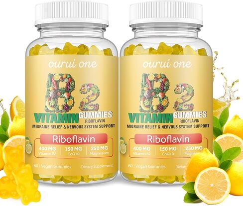 علكات فيتامين ب2 400 مجم | ريبوفلافين 400 مجم مع CoQ10 150 مجم، مغنيسيوم 200 مجم | فيتامين ب2 400 ملجم للأطفال والكبار، الجهاز العصبي وصحة الجلد | 60 قطعة نباتية قابلة للمضغ | ليمون (حزمة 2). in Kuwait