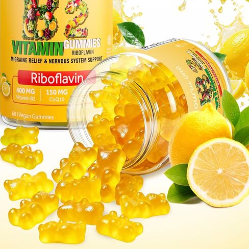 علكات فيتامين ب2 400 مجم | ريبوفلافين 400 مجم مع CoQ10 150 مجم، مغنيسيوم 200 مجم | فيتامين ب2 400 ملجم للأطفال والكبار، الجهاز العصبي وصحة الجلد | 60 قطعة نباتية قابلة للمضغ | ليمون (حزمة 2). in Kuwait