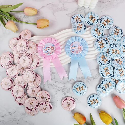 52 PCS Bear Gender Reveal Decorations - TrinhGuo Bear Gender Reveal Party Favors, Recuerdos para Revelacion De Genero, 2 Mommy & Daddy to Be Badge Pins and 50 Team Boy Or Girl Button Pins in Saudi Arabia