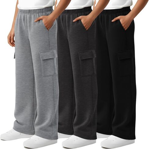 3 Pack Boys' Sweatpants Wide Leg Baggy Cargo Pants with 4 Pockets Kids Elastic Waist Straight Loose Joggers(Black, Dark Heather Gray, Light Heather Gray,Medium) in Saudi Arabia