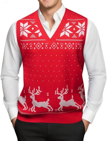 Barry.Wang Mens Christmas Sweater Vest Red/Green Ugly Xmas Reindeer Snowflake Sleeveless Knitted Pullover Holiday Party in Saudi Arabia