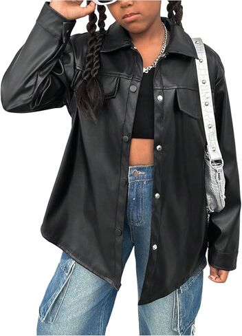 Girl's Faux PU Leather Jacket Button Down Long Sleeve Collared Coat Outerwear in Saudi Arabia