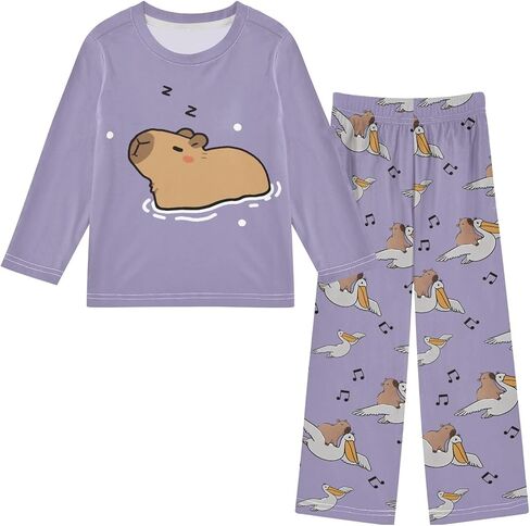 senya Cute Capybara Flying Pajamas 2 Piece Set Long Sleeve Soft Sleepwear for 3-11 Years in Saudi Arabia