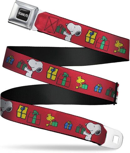 Peanuts Belt, Seatbelt Buckle Belt, Snoopy and Woodstock Holiday Gift Exchange Pose Red, Adjustable in Saudi Arabia
