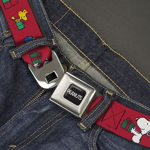 Peanuts Belt, Seatbelt Buckle Belt, Snoopy and Woodstock Holiday Gift Exchange Pose Red, Adjustable in Saudi Arabia