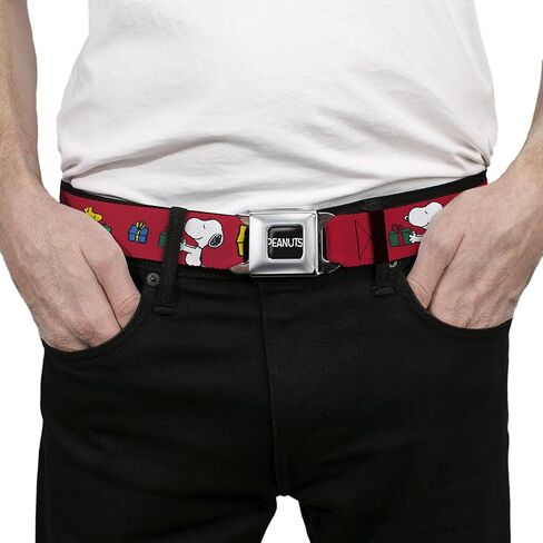 Peanuts Belt, Seatbelt Buckle Belt, Snoopy and Woodstock Holiday Gift Exchange Pose Red, Adjustable in Saudi Arabia