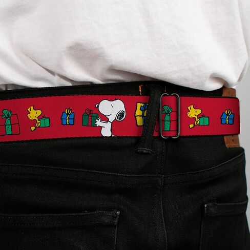 Peanuts Belt, Seatbelt Buckle Belt, Snoopy and Woodstock Holiday Gift Exchange Pose Red, Adjustable in Saudi Arabia