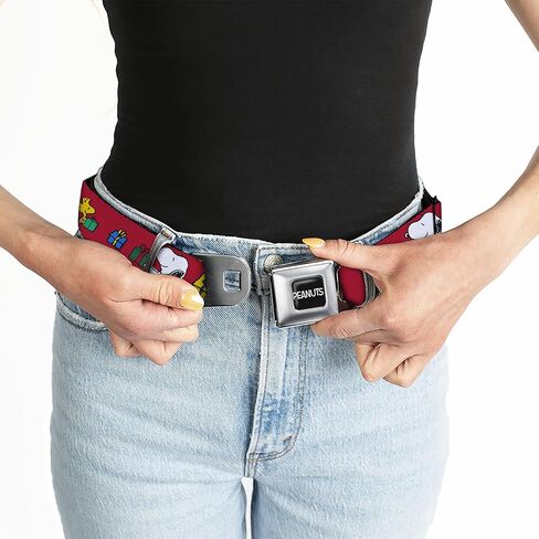 Peanuts Belt, Seatbelt Buckle Belt, Snoopy and Woodstock Holiday Gift Exchange Pose Red, Adjustable in Saudi Arabia