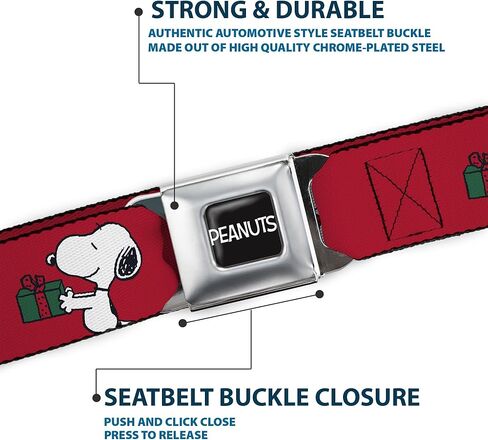 Peanuts Belt, Seatbelt Buckle Belt, Snoopy and Woodstock Holiday Gift Exchange Pose Red, Adjustable in Saudi Arabia