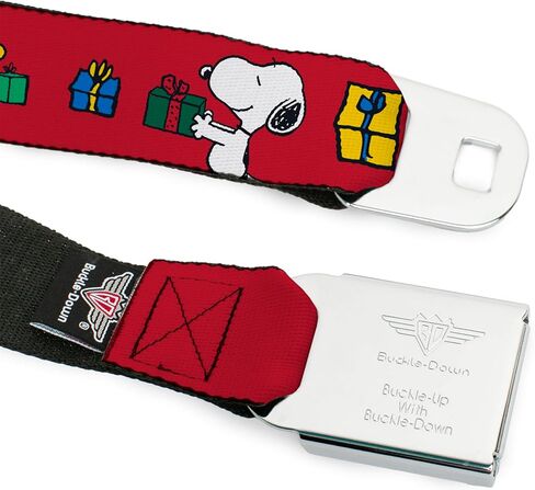 Peanuts Belt, Seatbelt Buckle Belt, Snoopy and Woodstock Holiday Gift Exchange Pose Red, Adjustable in Saudi Arabia