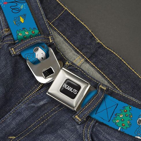 Peanuts Belt, Seatbelt Buckle Belt, Snoopy and Woodstock Holiday Puffer Jacket Ho Ho Pose Blue, Adjustable in Saudi Arabia