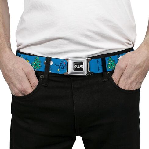 Peanuts Belt, Seatbelt Buckle Belt, Snoopy and Woodstock Holiday Puffer Jacket Ho Ho Pose Blue, Adjustable in Saudi Arabia