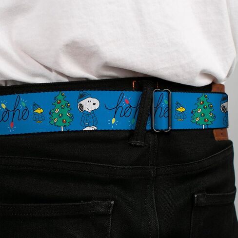 Peanuts Belt, Seatbelt Buckle Belt, Snoopy and Woodstock Holiday Puffer Jacket Ho Ho Pose Blue, Adjustable in Saudi Arabia