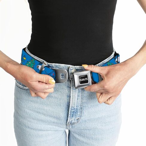 Peanuts Belt, Seatbelt Buckle Belt, Snoopy and Woodstock Holiday Puffer Jacket Ho Ho Pose Blue, Adjustable in Saudi Arabia