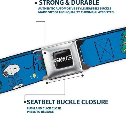 Peanuts Belt, Seatbelt Buckle Belt, Snoopy and Woodstock Holiday Puffer Jacket Ho Ho Pose Blue, Adjustable in Saudi Arabia