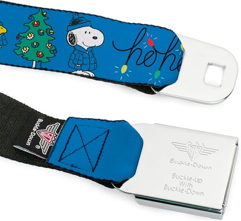 Peanuts Belt, Seatbelt Buckle Belt, Snoopy and Woodstock Holiday Puffer Jacket Ho Ho Pose Blue, Adjustable in Saudi Arabia