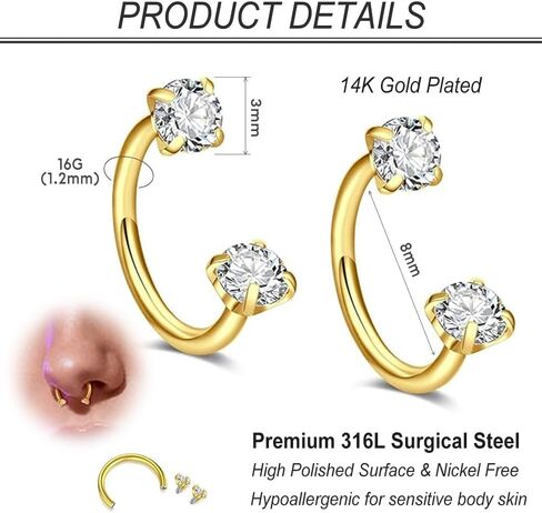16G Horseshoe Nose Septum Rings for Women Men Hypoallergenic Surgical Steel with Gold Plated Eyebrow Septum Lip Labret Helix Tragus Cartilage Daith Rook Conch Earring Piercing Jewelry in Saudi Arabia