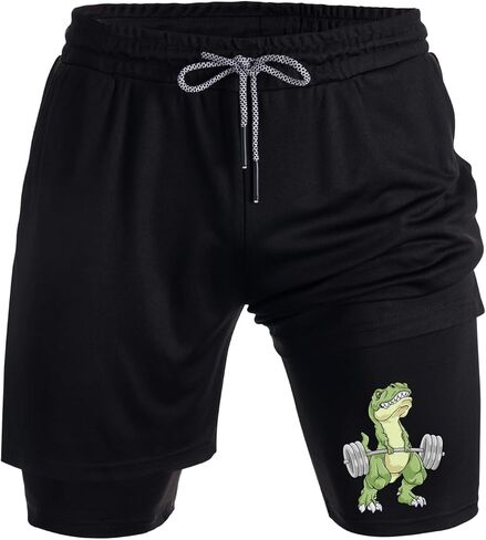 Weightlifting Dinosaur Men's 2-in-1 Performance Shorts，Novelty Designed Workout Shorts with Pockets in Saudi Arabia