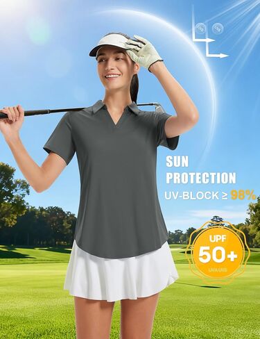MAGCOMSEN Women's Golf Shirts Short Sleeve Polo UPF 50+ V Neck Collared Tops Quick Dry Tennis Athletic T Shirts in Saudi Arabia