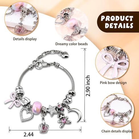Italian Charm Bracelet Silver Charm Bracelet Pink Charms Bracelets Kawaii Jewelry Y2K Bracelets Stocking Stuffers for Women Cute Accessories Valentine's Day Birthday in Kuwait