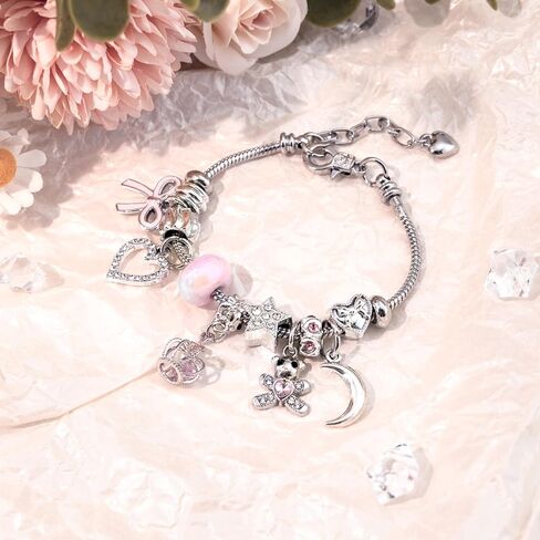 Italian Charm Bracelet Silver Charm Bracelet Pink Charms Bracelets Kawaii Jewelry Y2K Bracelets Stocking Stuffers for Women Cute Accessories Valentine's Day Birthday in Kuwait