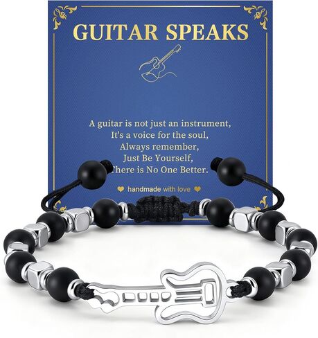 Valentines Day Gifts for Music Lover : Handmade Adjustable Braided Natural Gemstone Stainless Steel Musical Note/Guitar Bracelet,Student Teacher Appreciation ,Music Themed Gifts Idea for Bf Gf Friends in Saudi Arabia